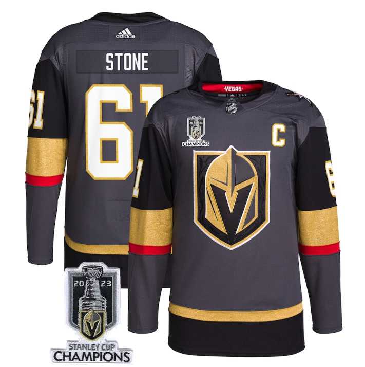 Mens Vegas Golden Knights #61 Mark Stone Gray 2023 Stanley Cup Champions Stitched Jersey